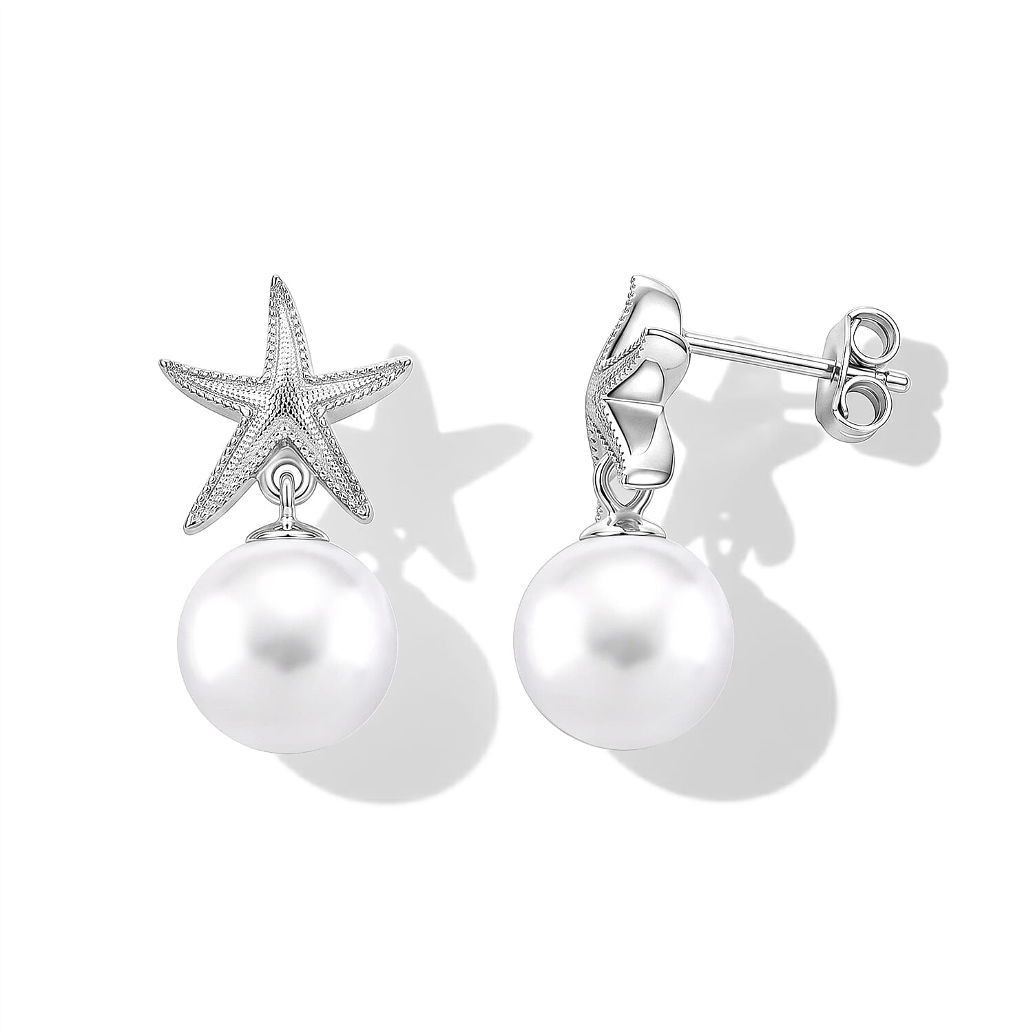 D'Joy - Premium White Edison Pearl (10-11mm) Stud Ball Earring with Push Back in Rhodium Overlay Sterling Silver 15.40 Ct.