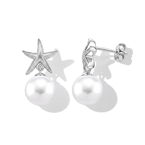 D'Joy - Premium White Edison Pearl (10-11mm) Stud Ball Earring with Push Back in Rhodium Overlay Sterling Silver 15.40 Ct.