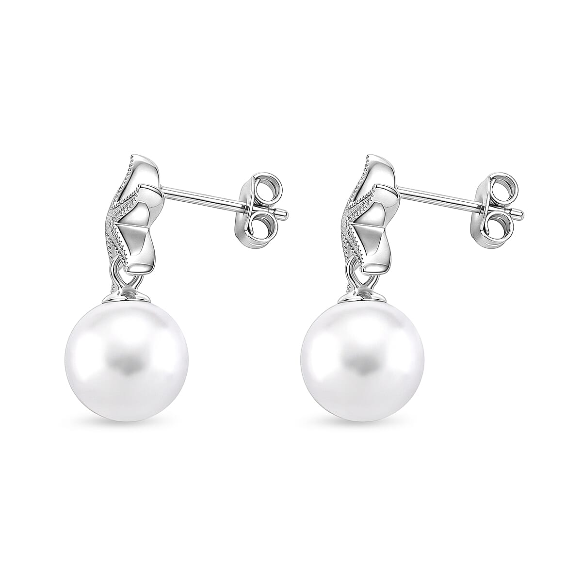 D'Joy - Premium White Edison Pearl (10-11mm) Stud Ball Earring with Push Back in Rhodium Overlay Sterling Silver 15.40 Ct.