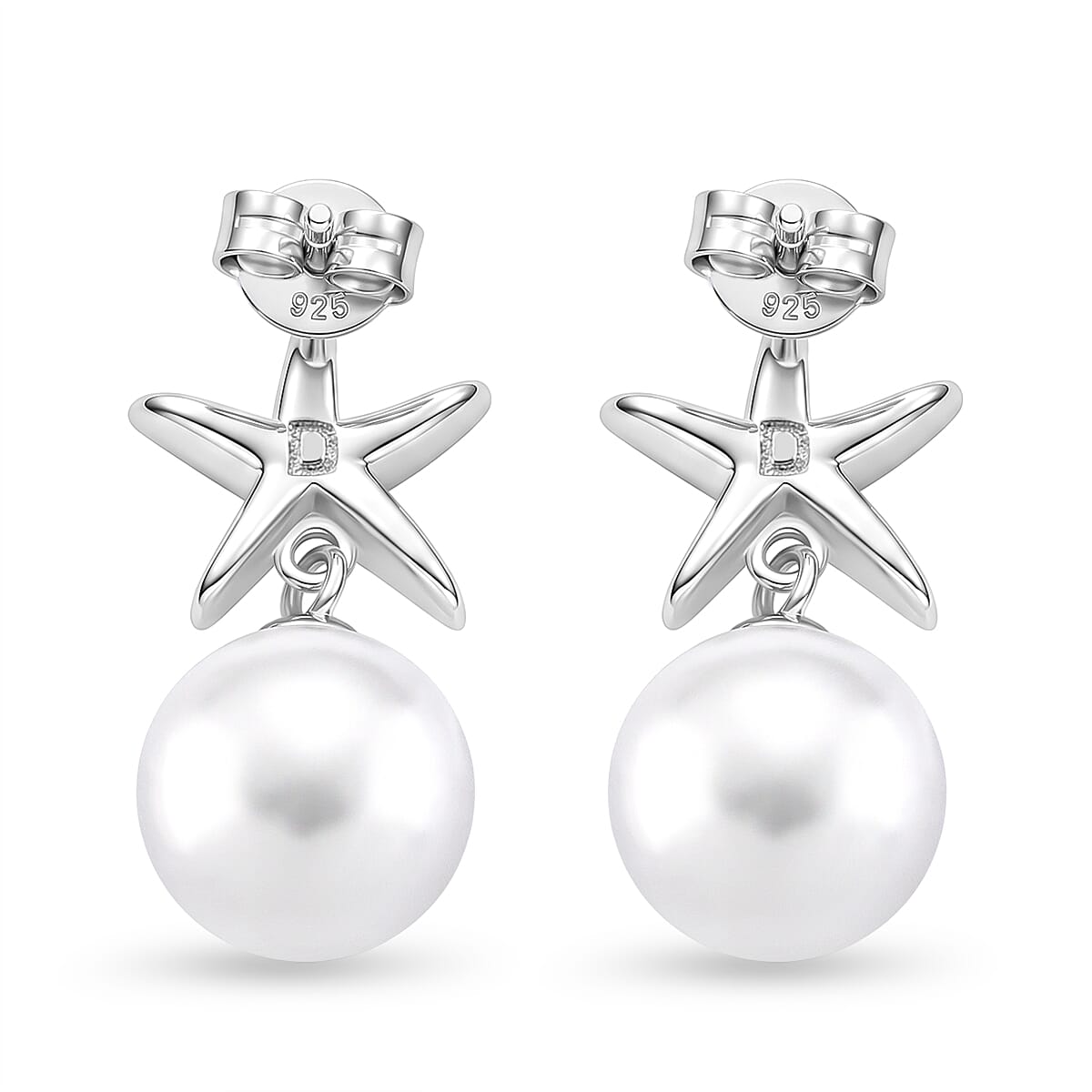D'Joy - Premium White Edison Pearl (10-11mm) Stud Ball Earring with Push Back in Rhodium Overlay Sterling Silver 15.40 Ct.