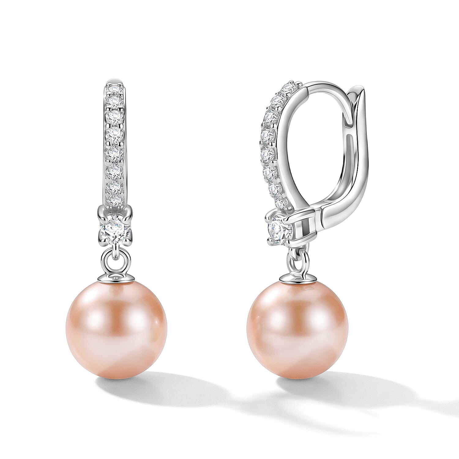 D'Joy - Premium Peach Edison (10-11mm) & White Zircon Hoop Earring with Clasp in Rhodium Overlay Sterling Silver 10.76 Ct.