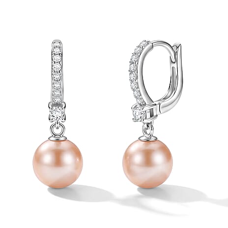 D'Joy - Premium Peach Edison (10-11mm) & White Zircon Hoop Earring with Clasp in Rhodium Overlay Sterling Silver 10.76 Ct.