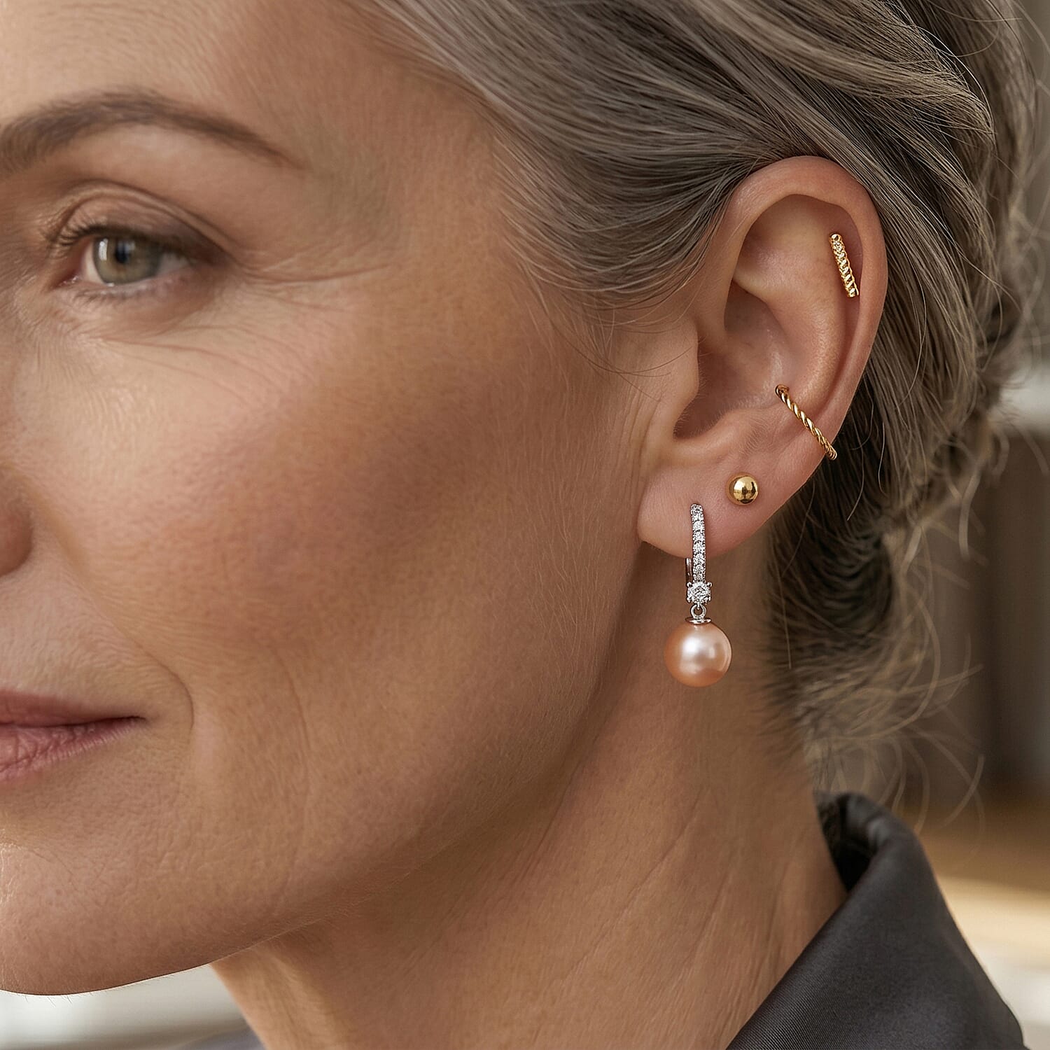 D'Joy - Premium Peach Edison (10-11mm) & White Zircon Hoop Earring with Clasp in Rhodium Overlay Sterling Silver 10.76 Ct.