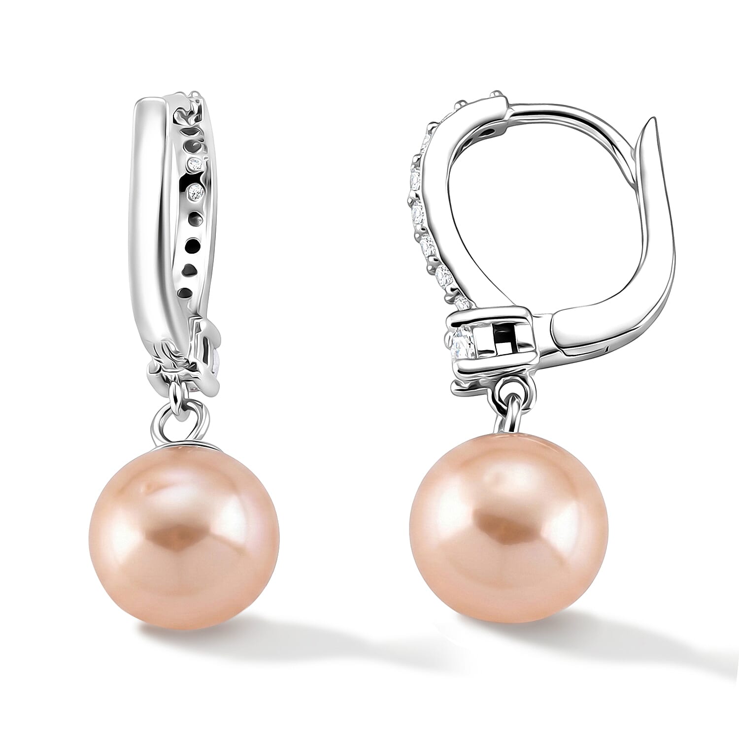 D'Joy - Premium Peach Edison (10-11mm) & White Zircon Hoop Earring with Clasp in Rhodium Overlay Sterling Silver 10.76 Ct.