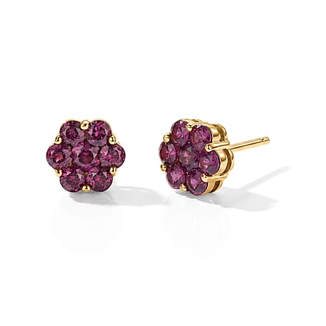 D'Joy - Radiant Ember Garnet Cluster Earring with Push Post in Yellow Gold Plated Sterling Silver 2.27 Ct.