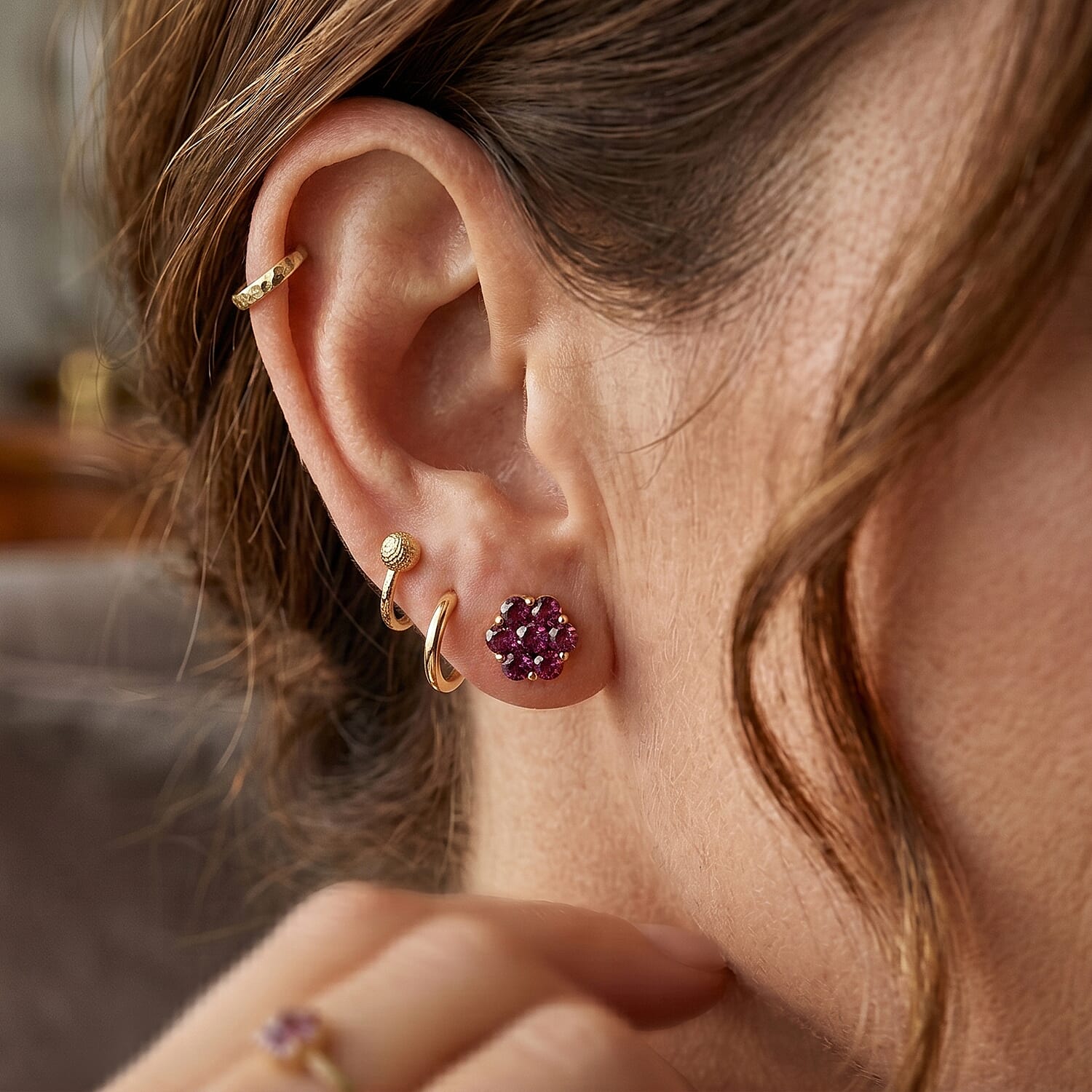 D'Joy - Radiant Ember Garnet Cluster Earring with Push Post in Yellow Gold Plated Sterling Silver 2.27 Ct.