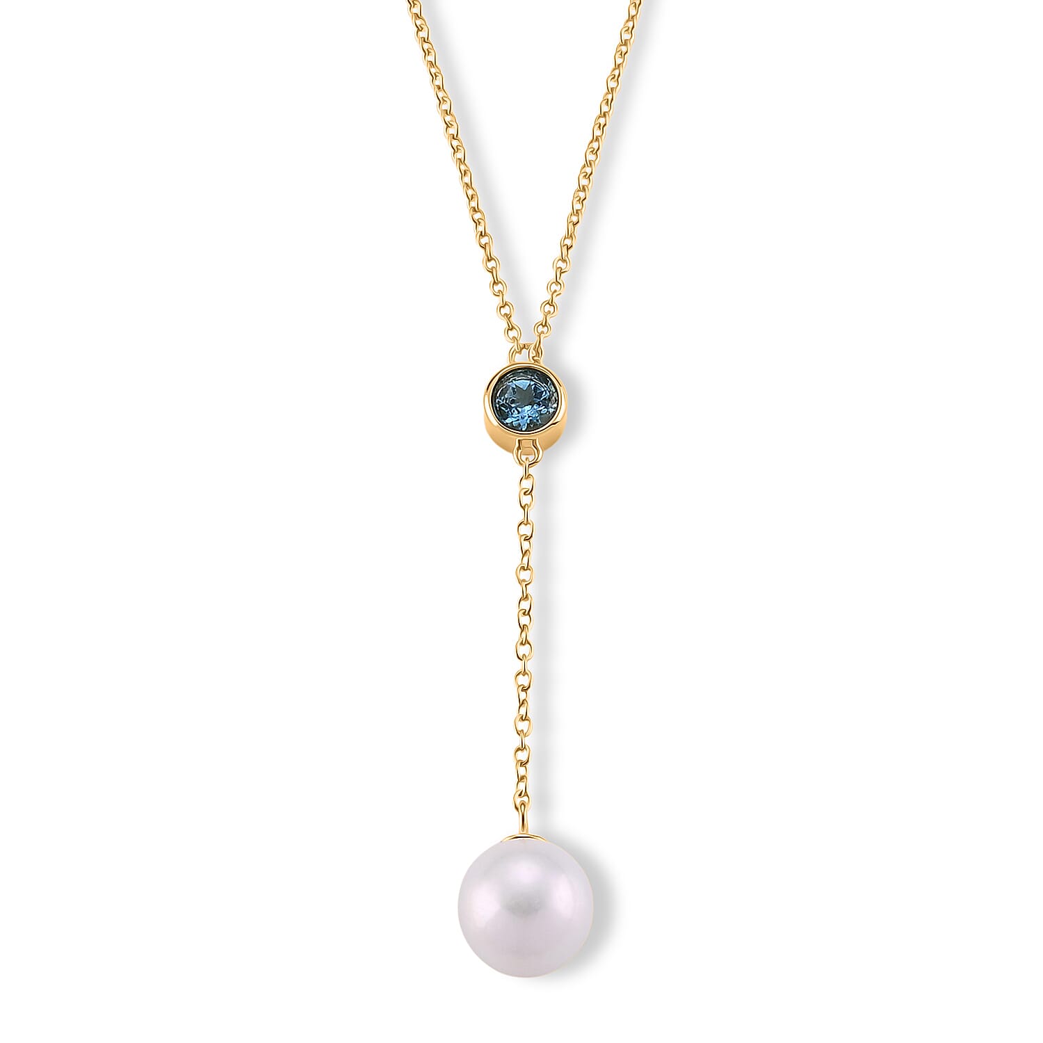 D'Joy - White Edison Pearl & Swiss Blue Topaz Drop Necklace (Size - 18) in Yellow Gold Plated Sterling Silver 9.10 Ct.