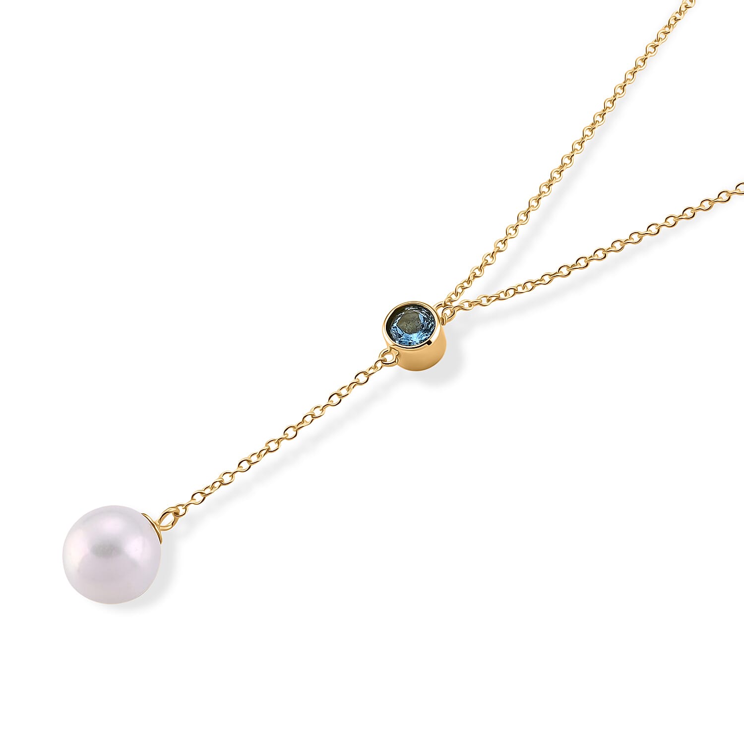 D'Joy - White Edison Pearl & Swiss Blue Topaz Drop Necklace (Size - 18) in Yellow Gold Plated Sterling Silver 9.10 Ct.