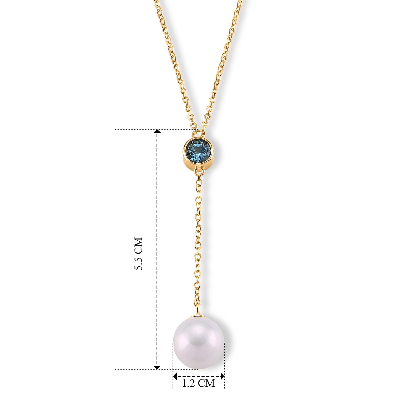 D'Joy - White Edison Pearl & Swiss Blue Topaz Drop Necklace (Size - 18) in Yellow Gold Plated Sterling Silver 9.10 Ct.