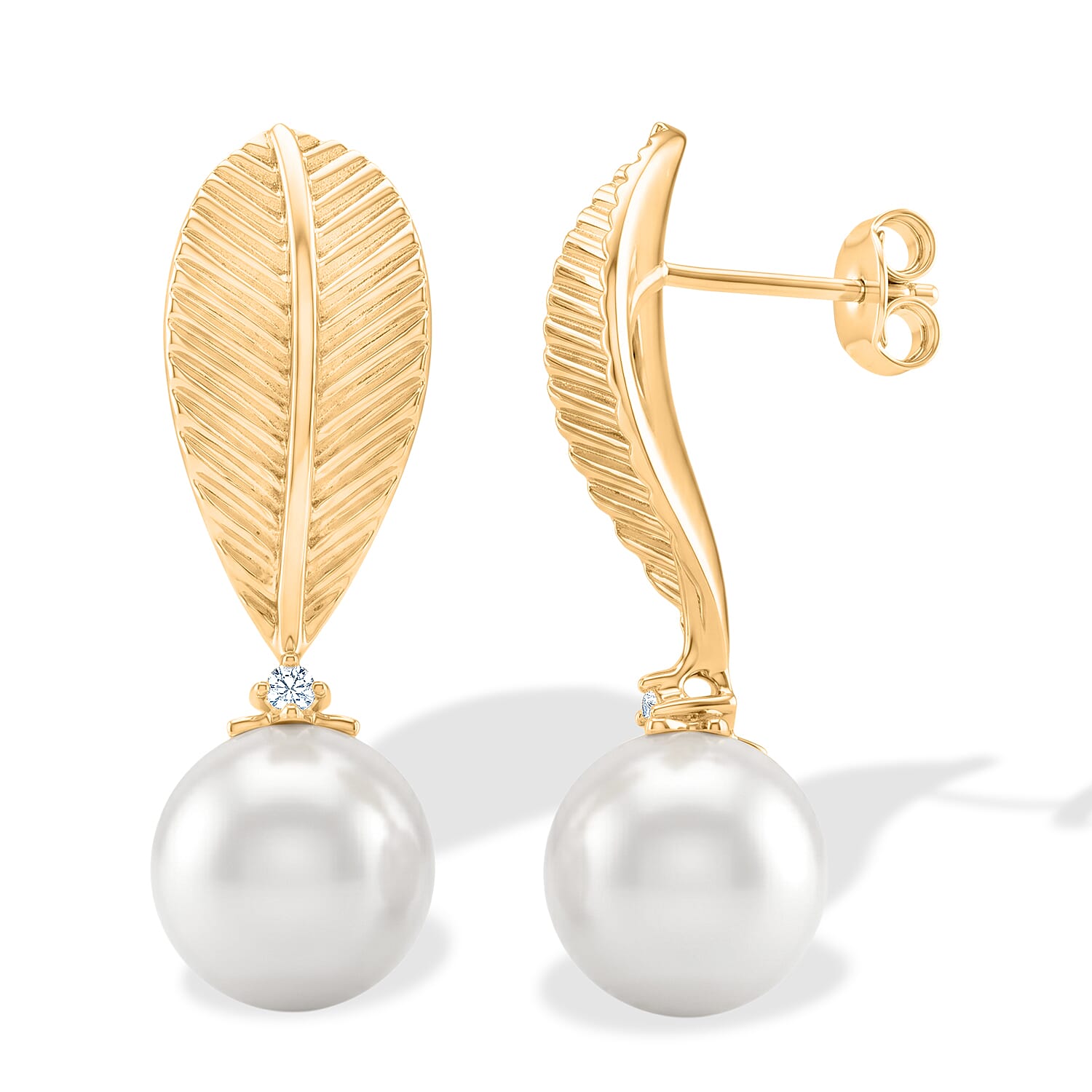 D'Joy - Premium White Edison Pearl (10-11mm) & Lab Grown Diamond Leaf-Inspired Drop Earring with Push Back in Yellow Gold Plated Sterling Silver 16.55 Ct.