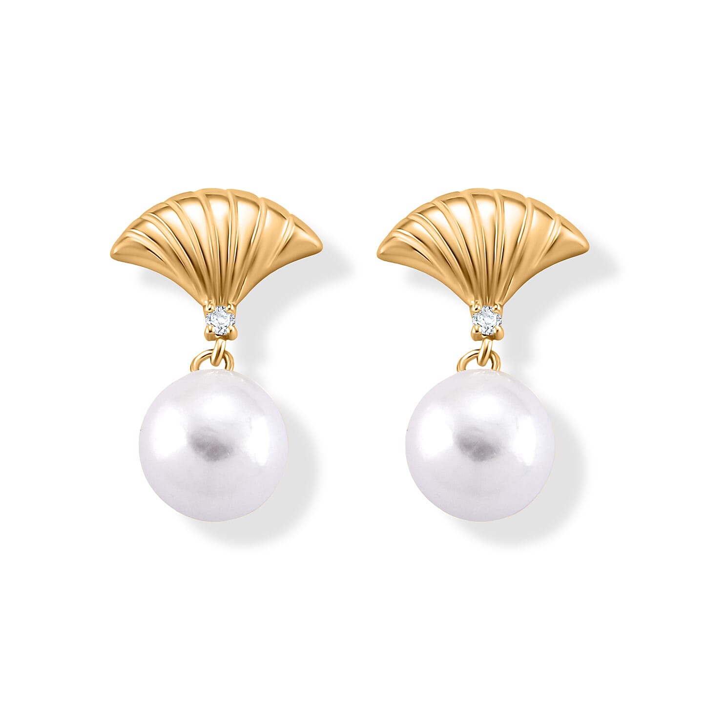 D'Joy - Premium White Edison Pearl (10-11mm) & Lab Grown Diamond Earring with Push Back in Yellow Gold Plated Sterling Silver 15.50 Ct.