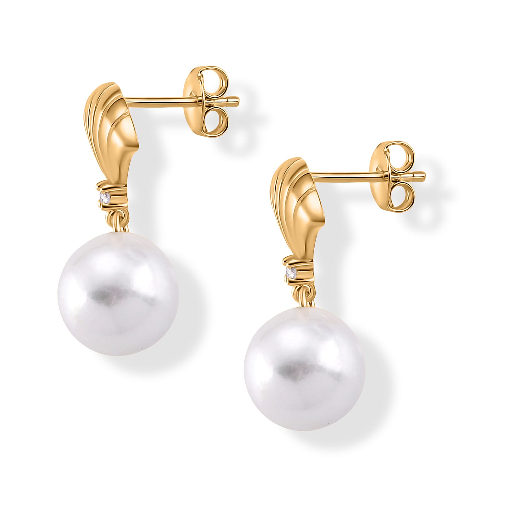D'Joy - Premium White Edison Pearl (10-11mm) & Lab Grown Diamond Earring with Push Back in Yellow Gold Plated Sterling Silver 15.50 Ct.