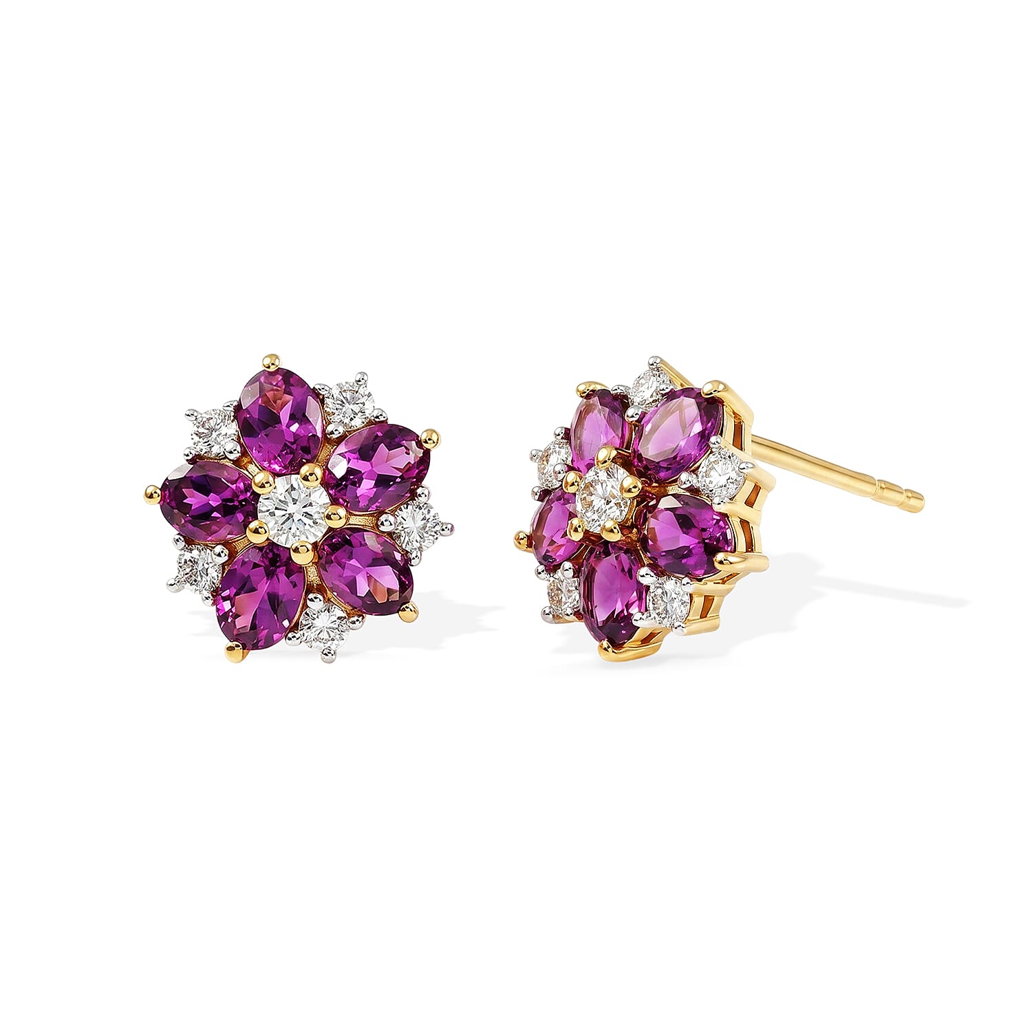 Luxuriant - Radiant Ember Garnet & Lab Grown Diamond (SI-G-H) Floral Earring with Push Post in 18K Vermeil Yellow Gold Plated Sterling Silver 2.60 Ct.