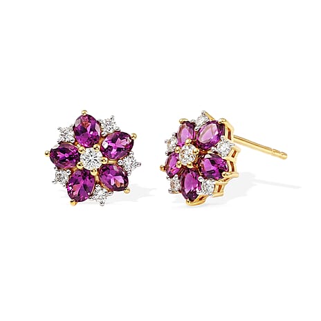 Luxuriant - Radiant Ember Garnet & Lab Grown Diamond (SI-G-H) Floral Earring with Push Post in 18K Vermeil Yellow Gold Plated Sterling Silver 2.60 Ct.
