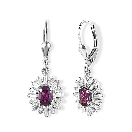D'Joy - Radiant Ember Garnet & Moissanite Lever Back Earring in Rhodium Overlay Sterling Silver 2.30 Ct.