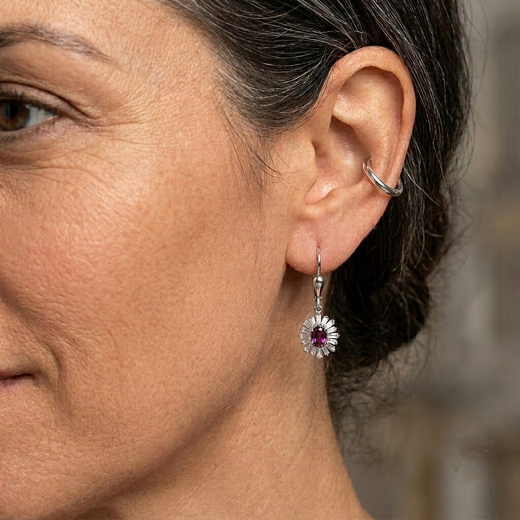 D'Joy - Radiant Ember Garnet & Moissanite Lever Back Earring in Rhodium Overlay Sterling Silver 2.30 Ct.