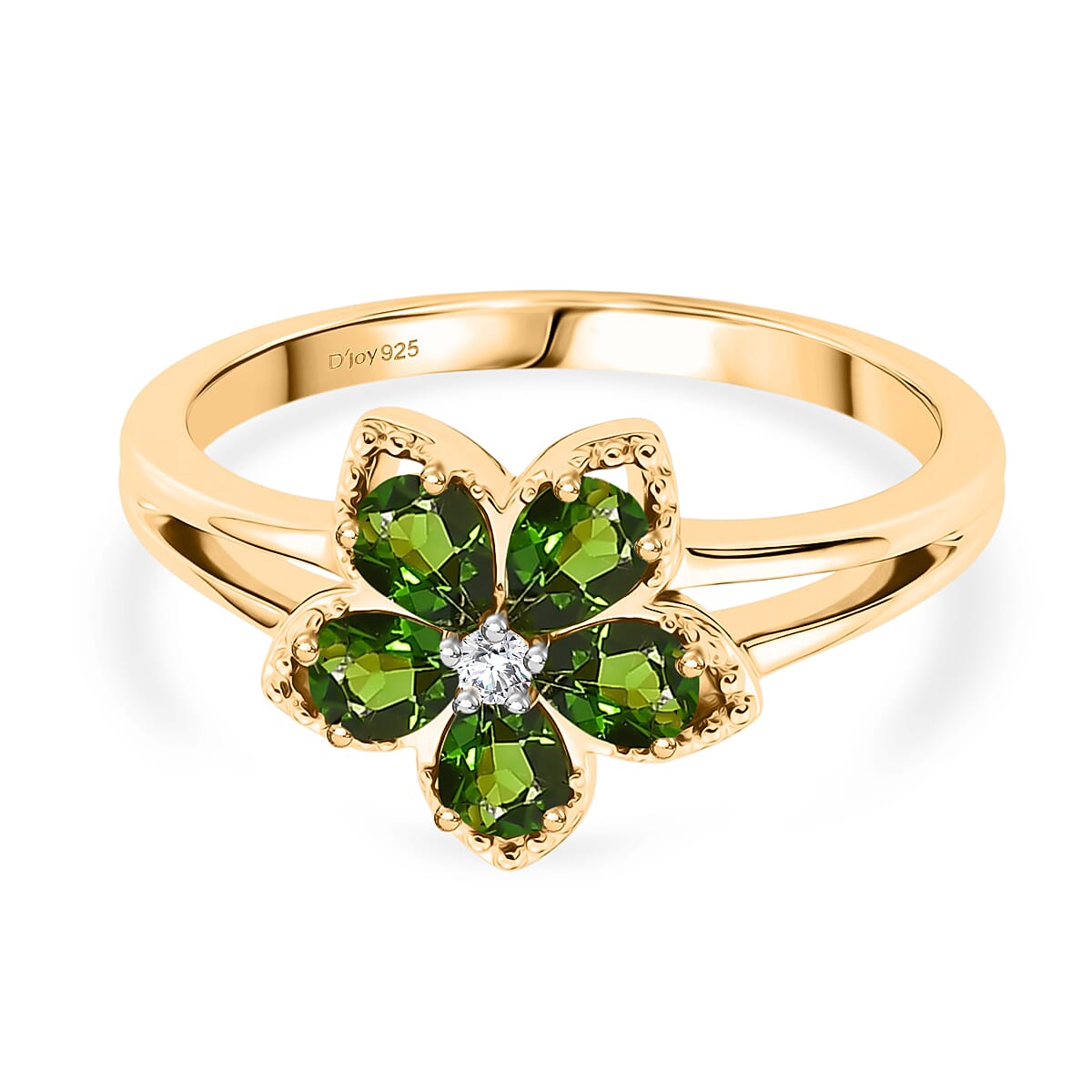 Luxuriant - Natural Chrome Diopside & Lab Grown Diamond (SI-G-H) Floral Ring in Yellow Gold Plated Sterling Silver 0.80 Ct.
