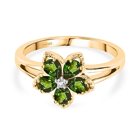 Luxuriant - Natural Chrome Diopside & Lab Grown Diamond (SI-G-H) Floral Ring in Yellow Gold Plated Sterling Silver 0.80 Ct.