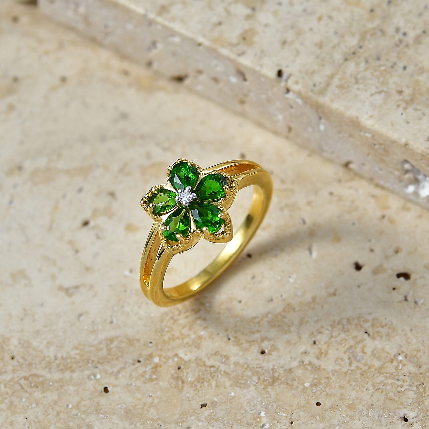Luxuriant - Natural Chrome Diopside & Lab Grown Diamond (SI-G-H) Floral Ring in Yellow Gold Plated Sterling Silver 0.80 Ct.