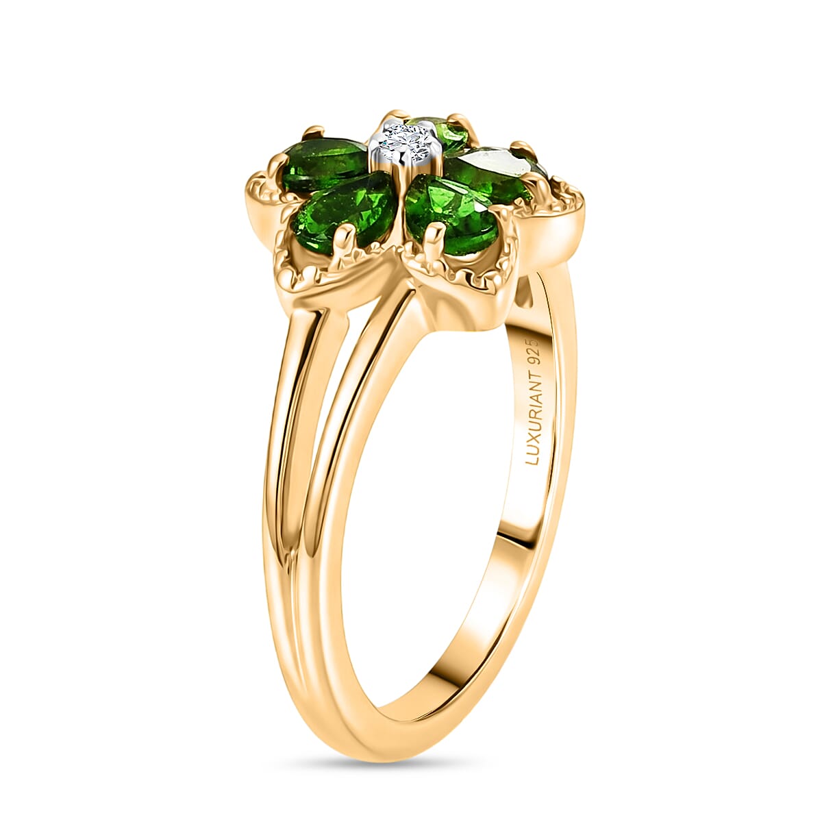 Luxuriant - Natural Chrome Diopside & Lab Grown Diamond (SI-G-H) Floral Ring in Yellow Gold Plated Sterling Silver 0.80 Ct.