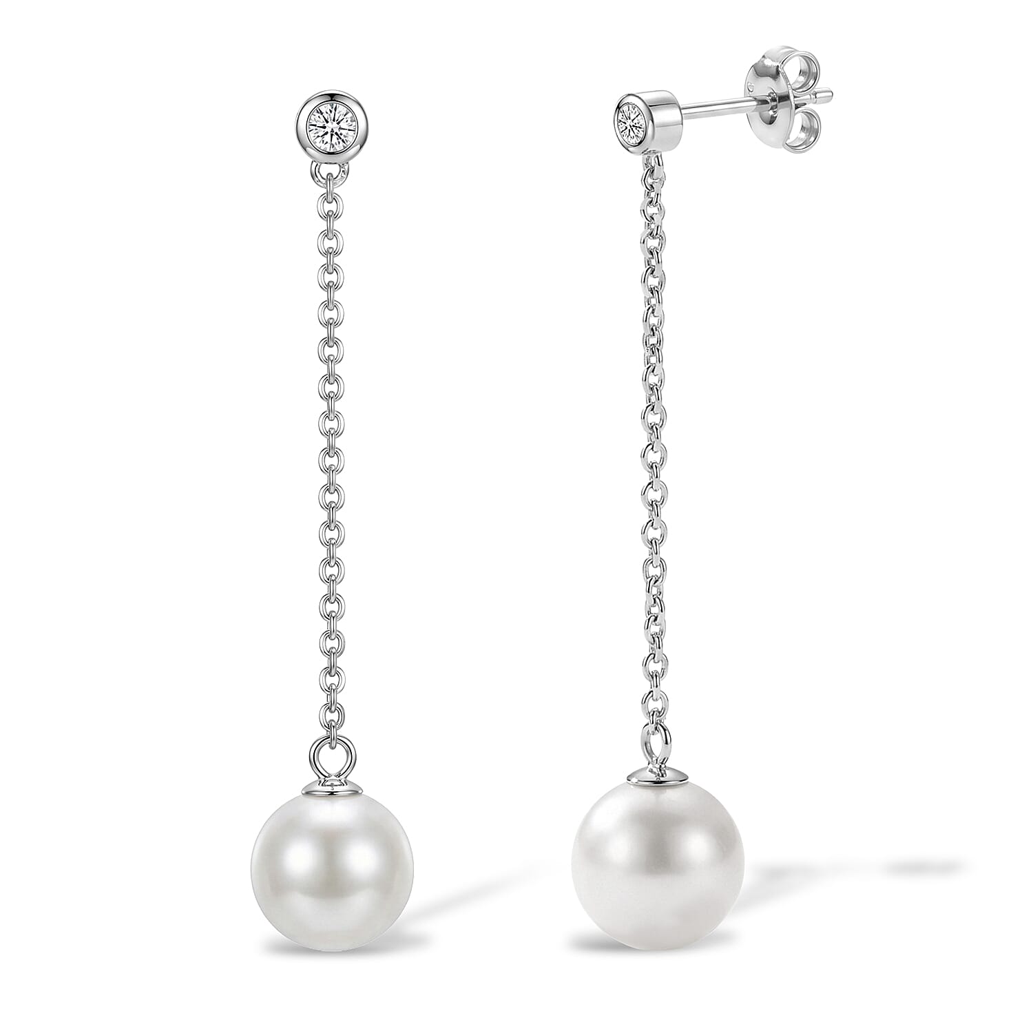 D'Joy - White Edison Pearl & Lab Grown Diamond Dangling Earring with Push Back in Rhodium Overlay Sterling Silver 15.55 Ct.