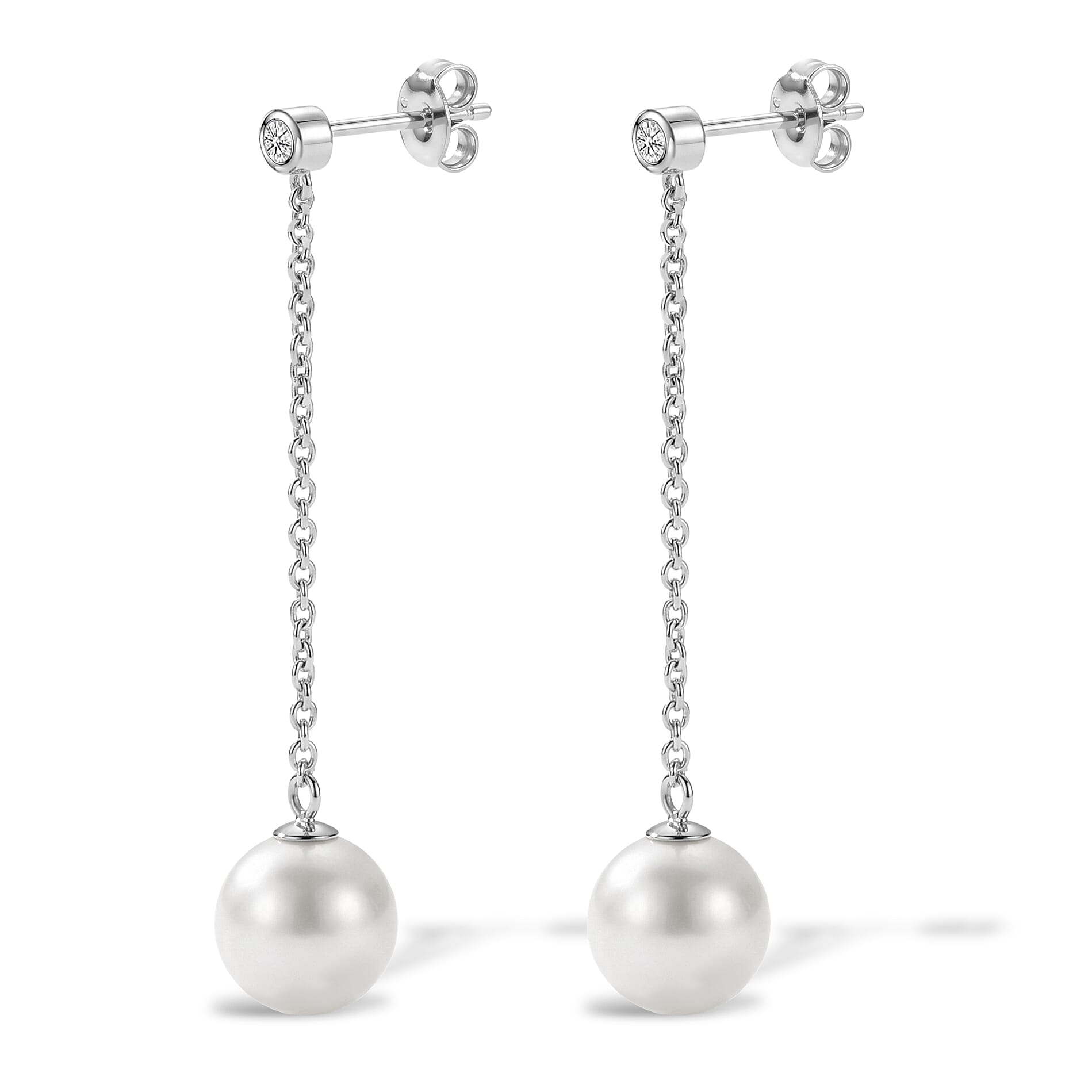 D'Joy - White Edison Pearl & Lab Grown Diamond Dangling Earring with Push Back in Rhodium Overlay Sterling Silver 15.55 Ct.