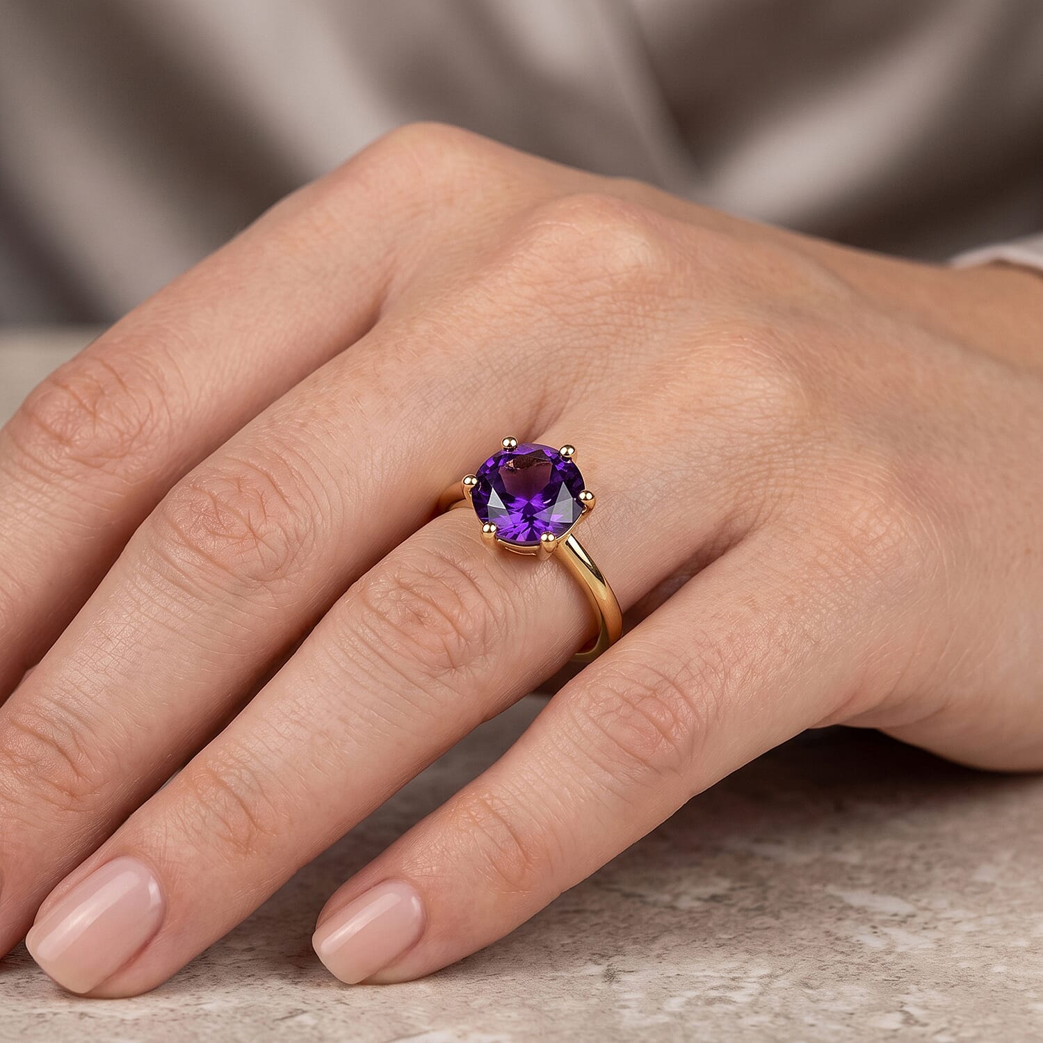 Moroccan Amethyst Solitaire Ring in Yellow Gold Plated Sterling Silver 1.30 Ct.