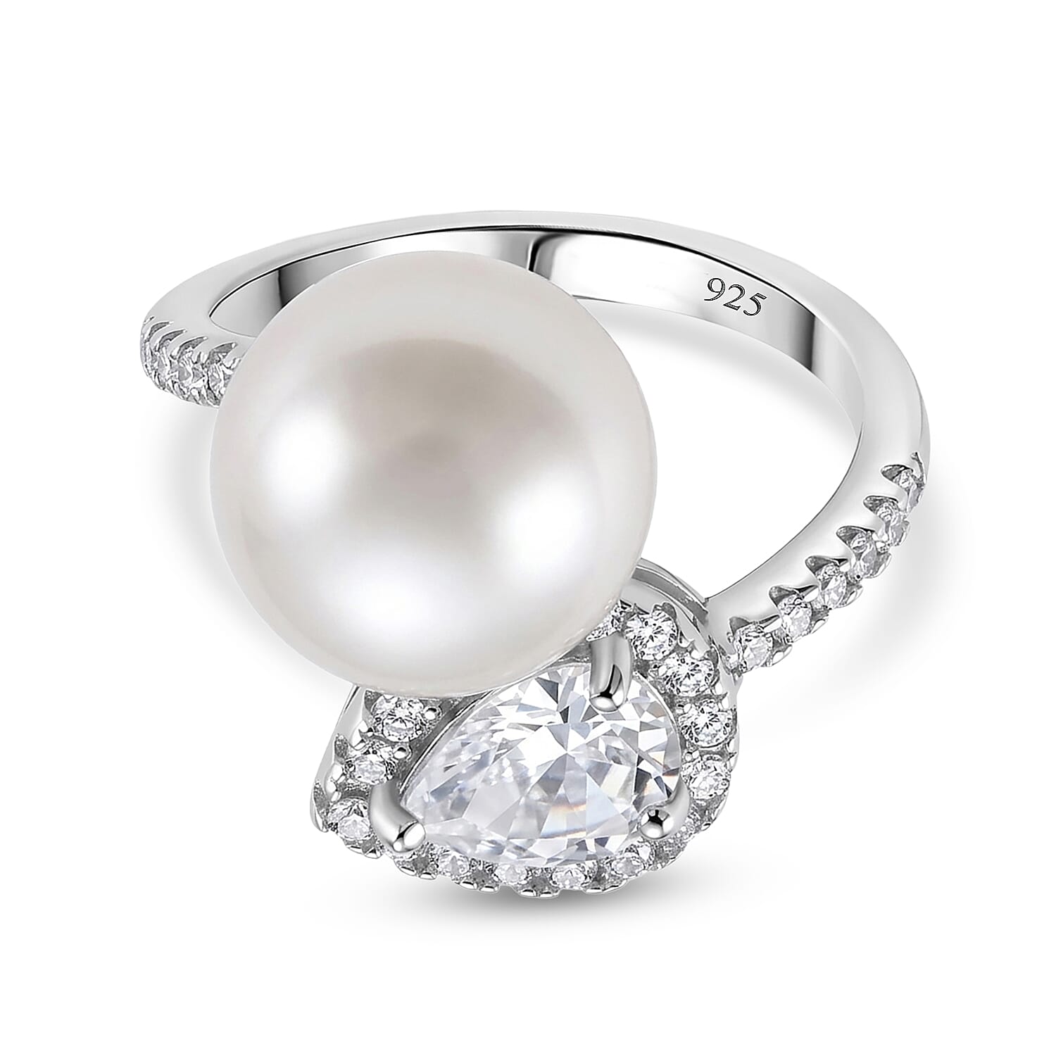 D'Joy White Edison Pearl, White Zircon Band Ring in Rhodium OverlaySterling Silver  14.940  Ct.