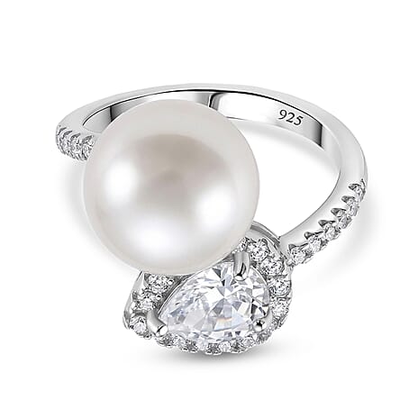 D'Joy White Edison Pearl, White Zircon Band Ring in Rhodium OverlaySterling Silver  14.940  Ct.