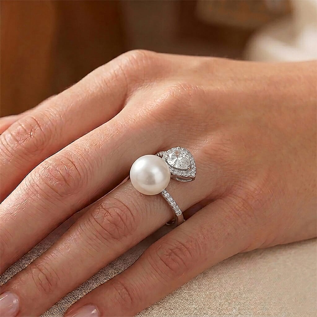 D'Joy White Edison Pearl, White Zircon Band Ring in Rhodium OverlaySterling Silver  14.940  Ct.