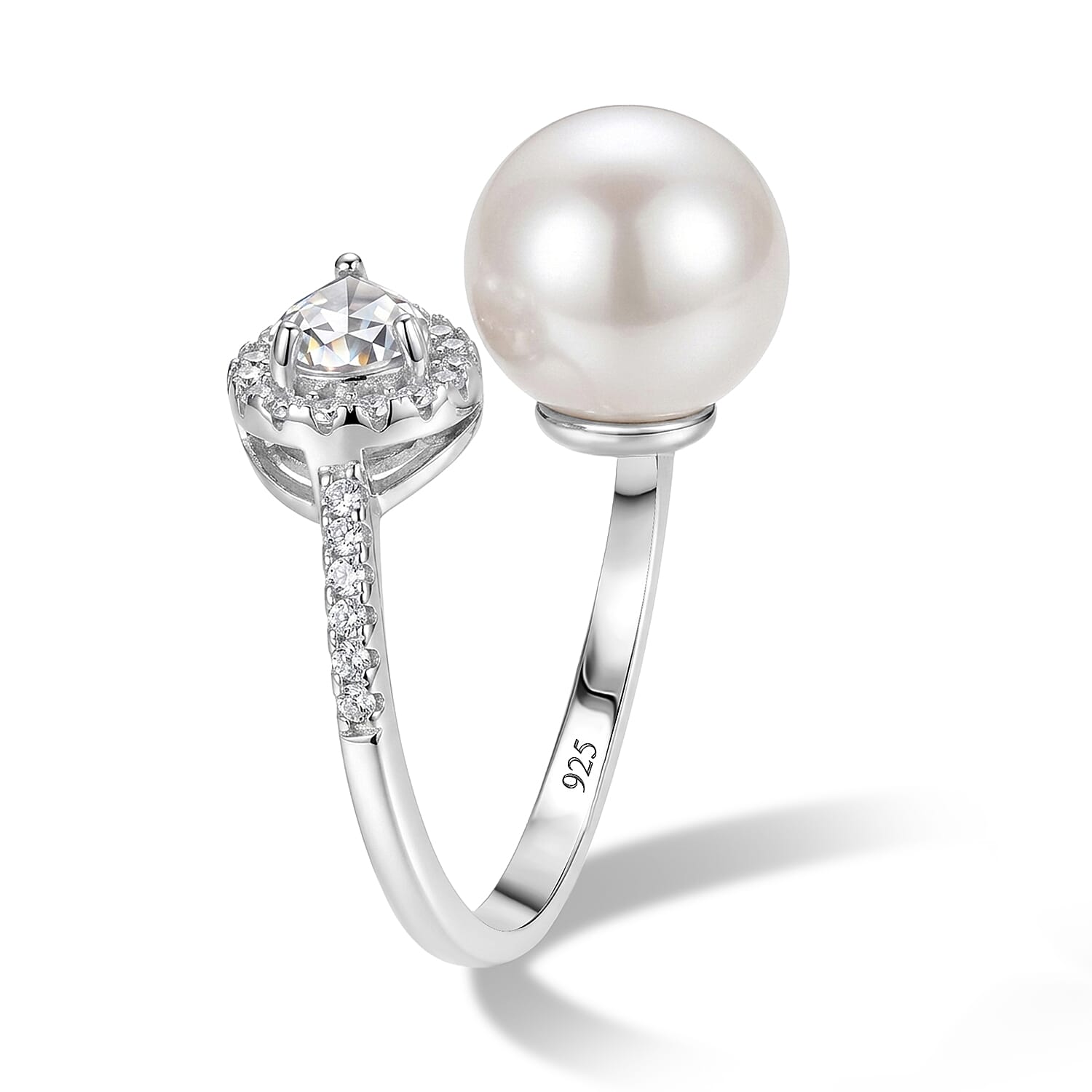 D'Joy White Edison Pearl, White Zircon Band Ring in Rhodium OverlaySterling Silver  14.940  Ct.