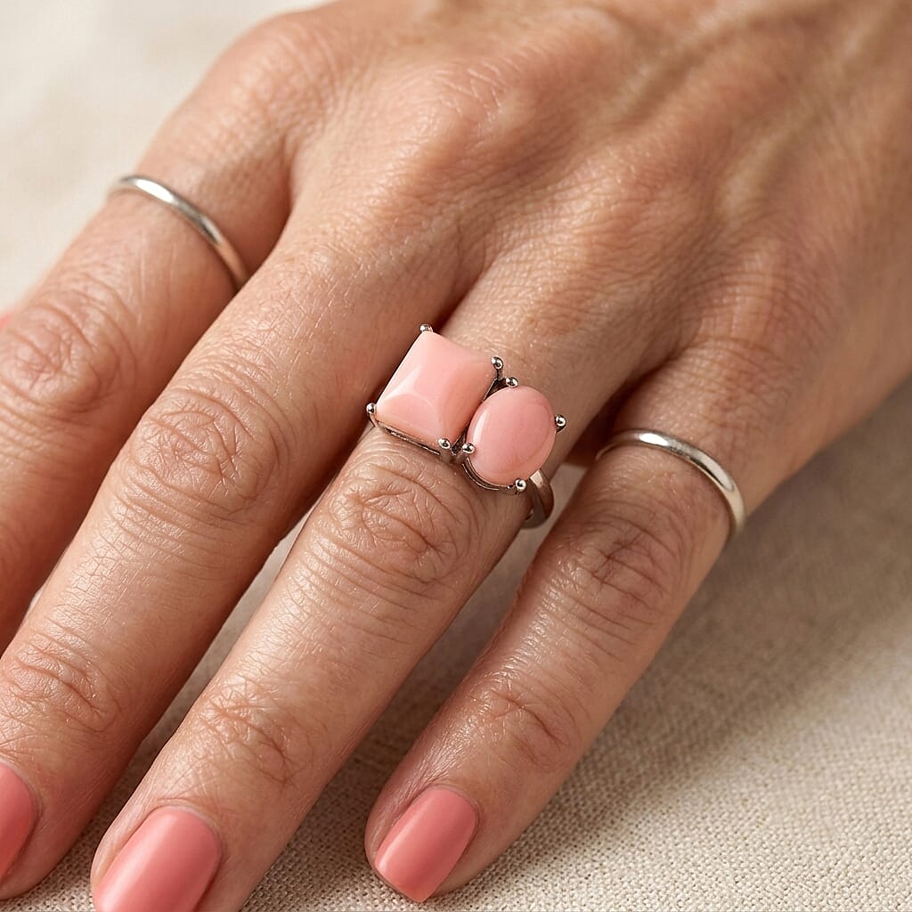 D'Joy - Pink Conch Shell Toi-et-Moi Ring in Rhodium Overlay Sterling Silver 5.80 Ct.