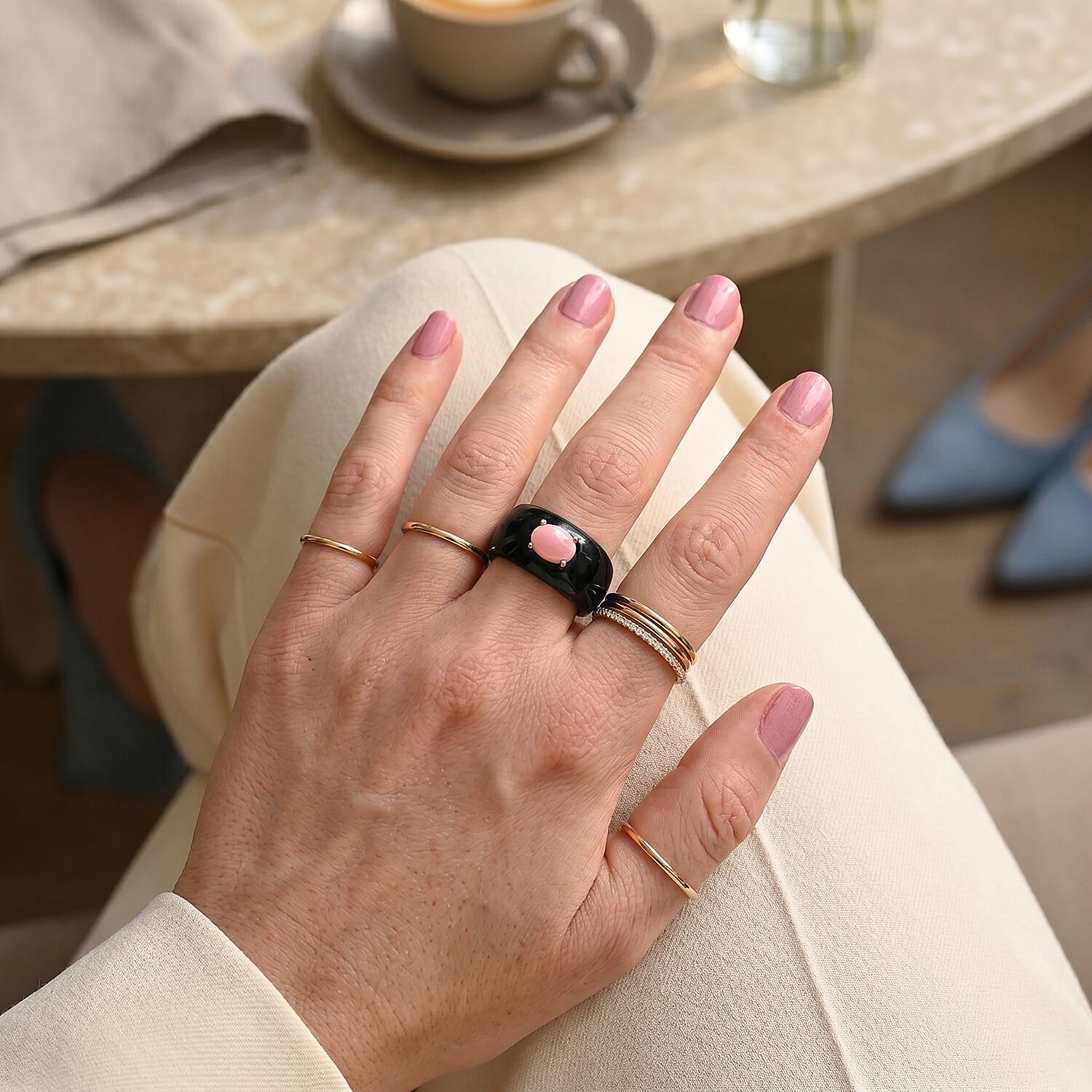 D'Joy Dyed Black Jade, Pink Conch Shell Fancy Ring in Rhodium OverlaySterling Silver  40.500  Ct.