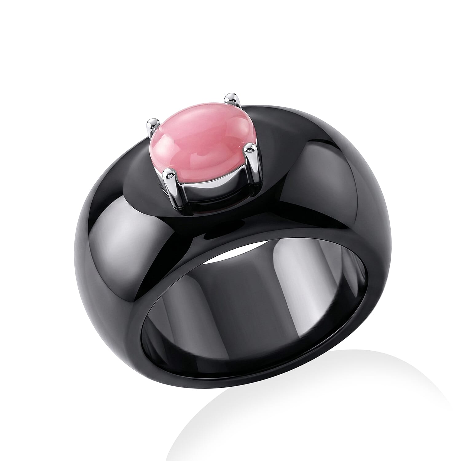 D'Joy - Dyed Black Jade & Pink Conch Shell Solitaire Band Ring in Rhodium Overlay Sterling Silver 33.80 Ct.