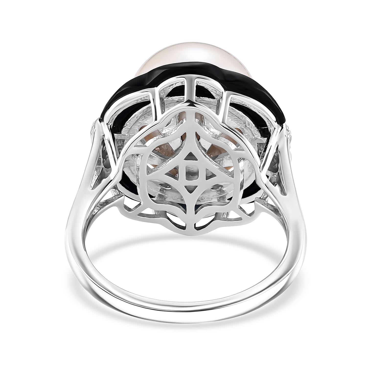 D'Joy White Edison Pearl, Moissanite, Dyed Black Jade Solitaire Ring in Rhodium OverlaySterling Silver  28.510  Ct.