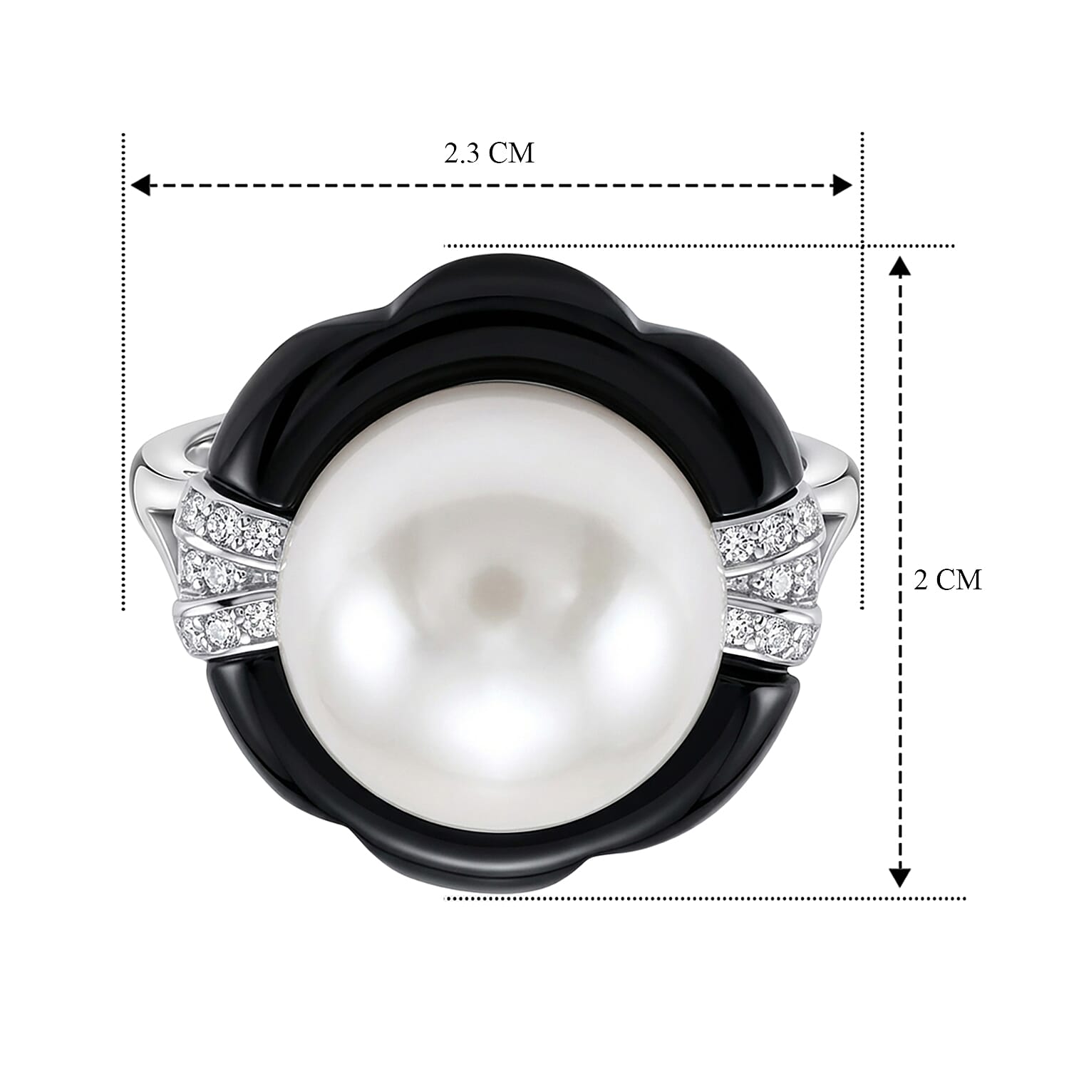 D'Joy White Edison Pearl, Moissanite, Dyed Black Jade Solitaire Ring in Rhodium OverlaySterling Silver  28.510  Ct.