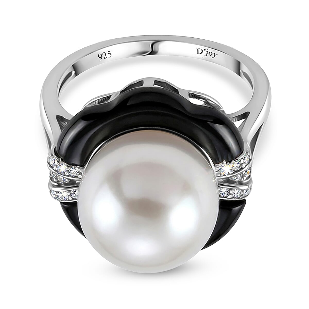D'Joy - White Edison Pearl, Moissanite & Dyed Black Jade Ring in Rhodium Overlay Sterling Silver 16.20 Ct.