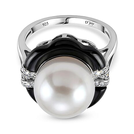 D'Joy - White Edison Pearl, Moissanite & Dyed Black Jade Ring in Rhodium Overlay Sterling Silver 16.20 Ct.