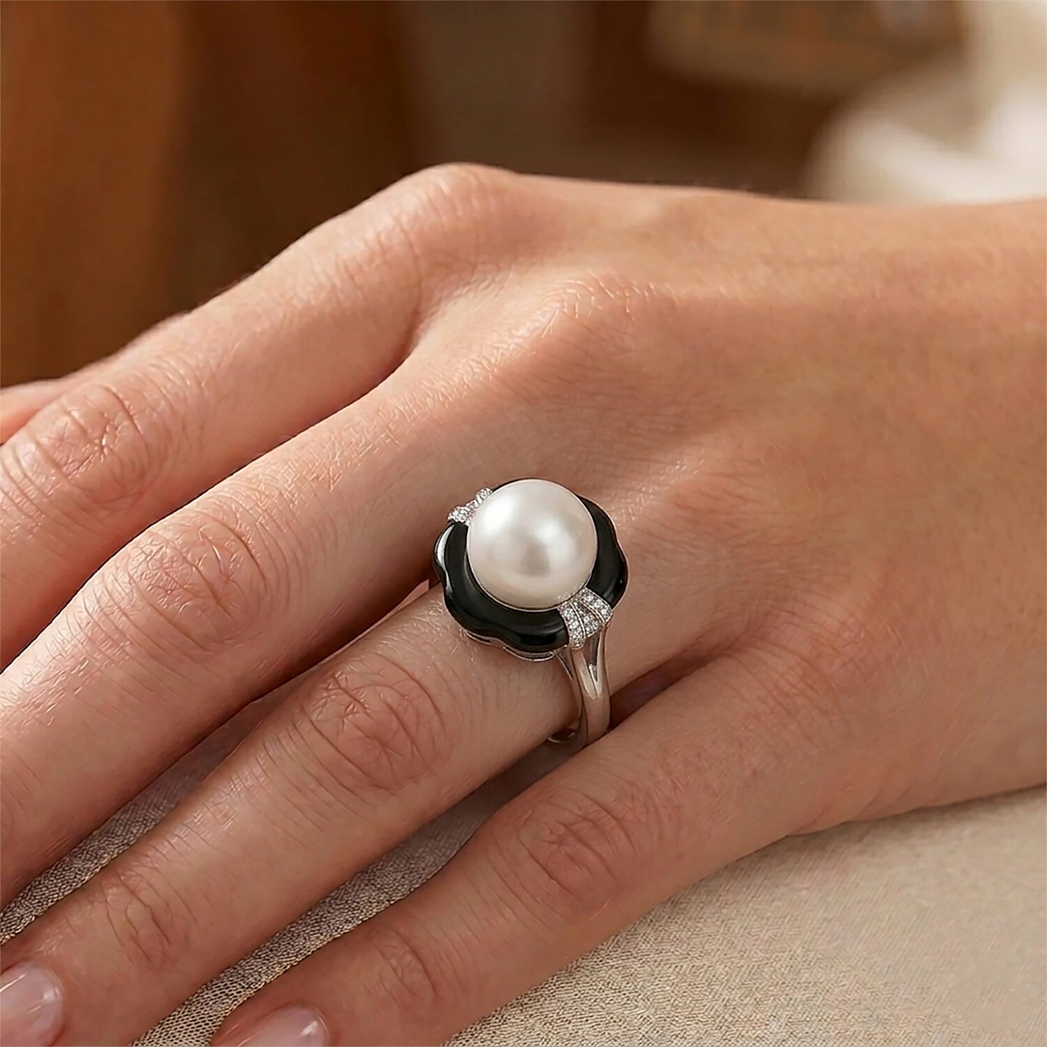 D'Joy - White Edison Pearl, Moissanite & Dyed Black Jade Ring in Rhodium Overlay Sterling Silver 16.20 Ct.