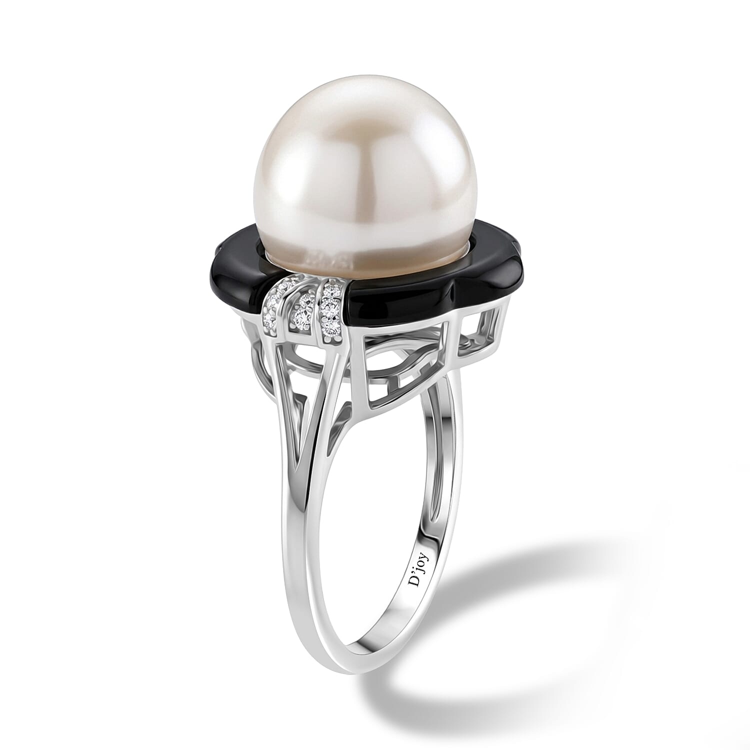 D'Joy - White Edison Pearl, Moissanite & Dyed Black Jade Ring in Rhodium Overlay Sterling Silver 16.20 Ct.