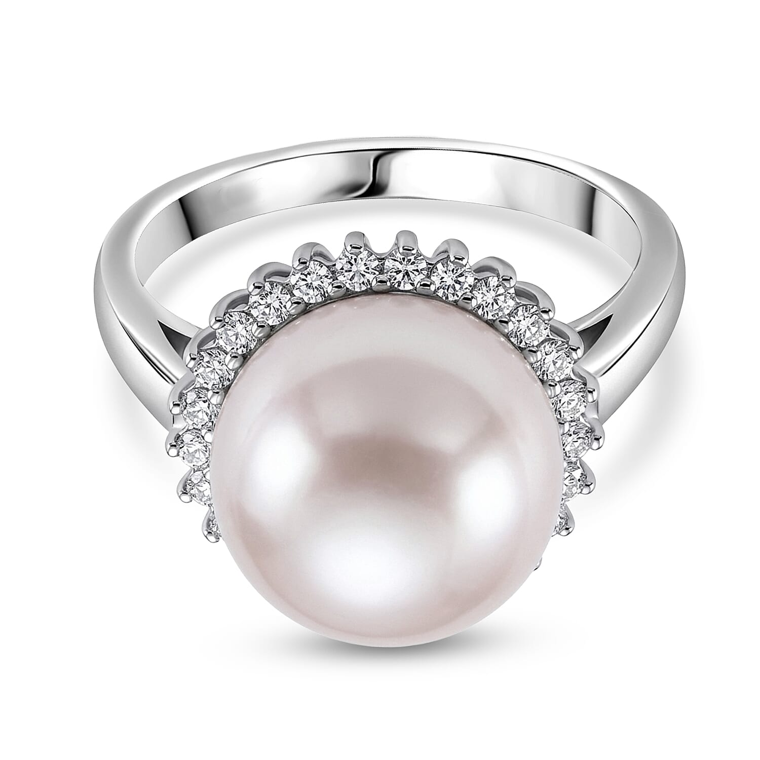 D'Joy White Edison Pearl, Lab Grown Diamond Fancy Ring in Rhodium OverlaySterling Silver  13.900  Ct.