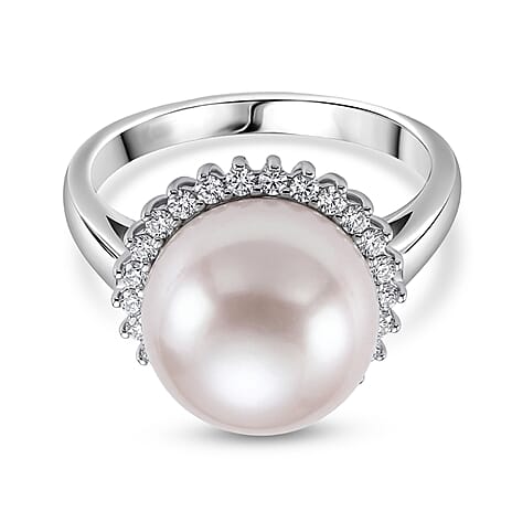 D'Joy White Edison Pearl, Lab Grown Diamond Fancy Ring in Rhodium OverlaySterling Silver  13.900  Ct.