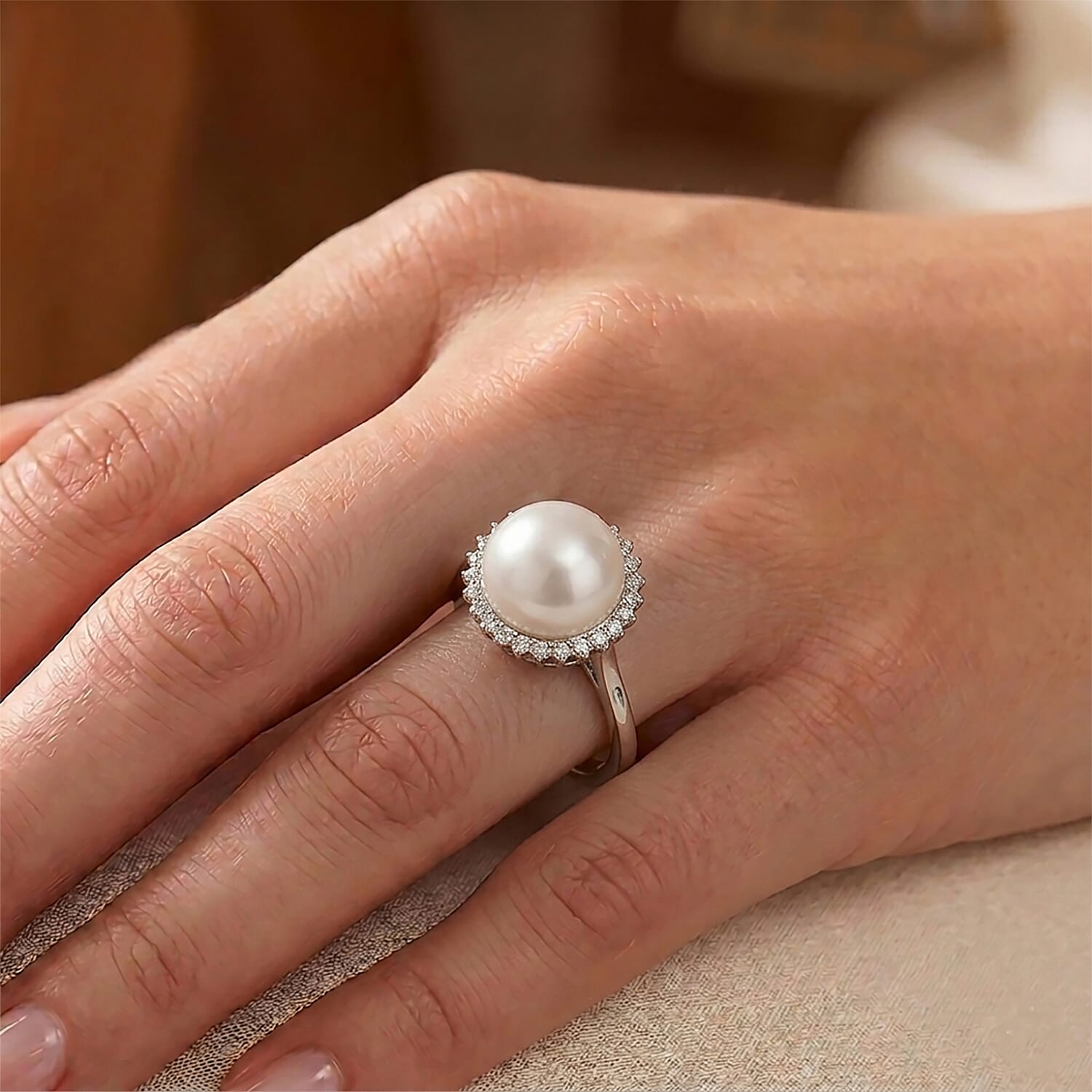 D'Joy White Edison Pearl, Lab Grown Diamond Fancy Ring in Rhodium OverlaySterling Silver  13.900  Ct.