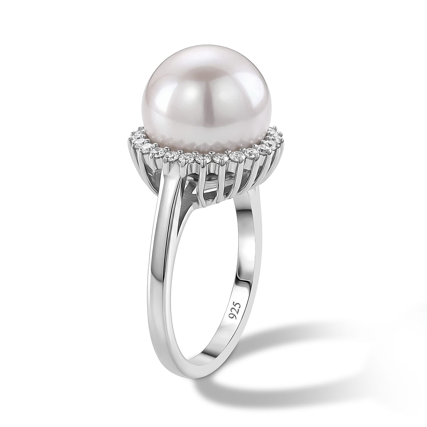 D'Joy White Edison Pearl, Lab Grown Diamond Fancy Ring in Rhodium OverlaySterling Silver  13.900  Ct.