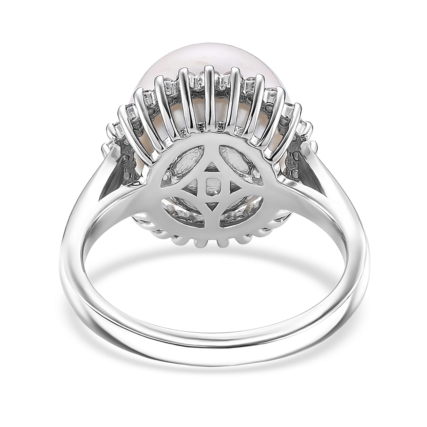 D'Joy White Edison Pearl, Lab Grown Diamond Fancy Ring in Rhodium OverlaySterling Silver  13.900  Ct.