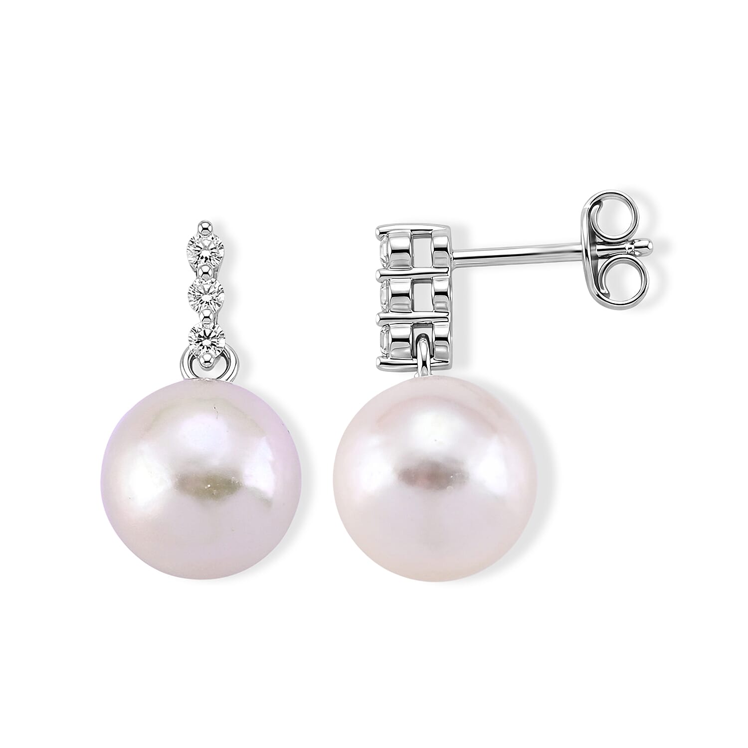 D'Joy - White Edison Pearl & Lab Grown Diamond Drop Earring with Push Back in Rhodium Overlay Sterling Silver 16.27 Ct.