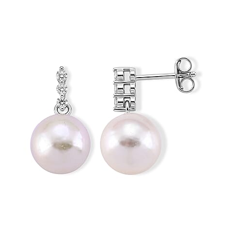 D'Joy - White Edison Pearl & Lab Grown Diamond Drop Earring with Push Back in Rhodium Overlay Sterling Silver 16.27 Ct.