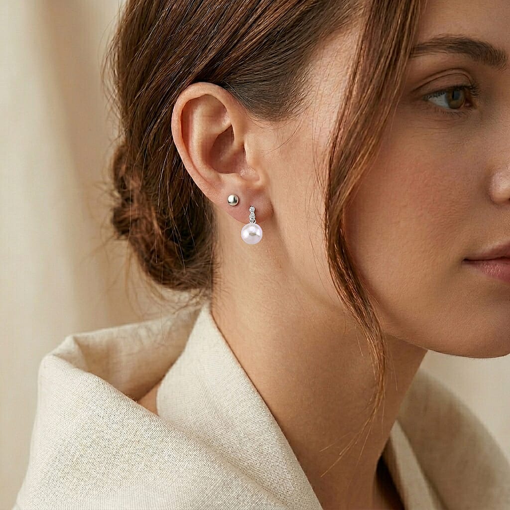 D'Joy - White Edison Pearl & Lab Grown Diamond Drop Earring with Push Back in Rhodium Overlay Sterling Silver 16.27 Ct.