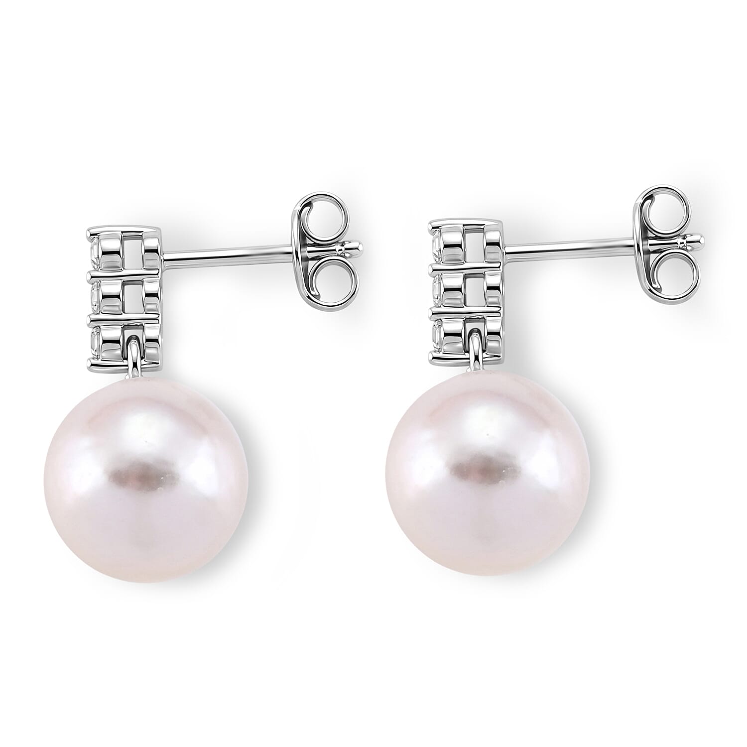 D'Joy - White Edison Pearl & Lab Grown Diamond Drop Earring with Push Back in Rhodium Overlay Sterling Silver 16.27 Ct.