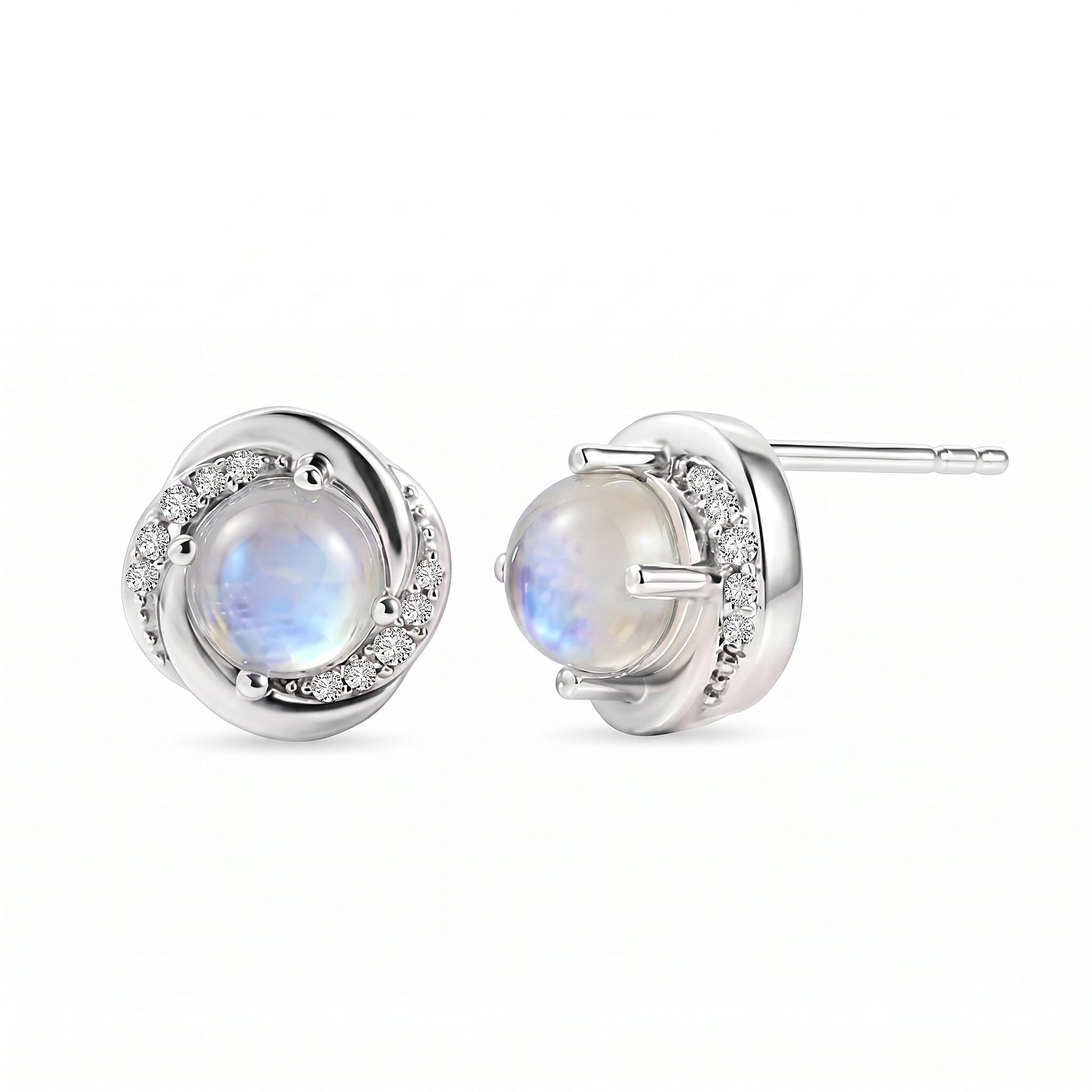 D'Joy - Rainbow Moonstone & White Zircon Earring with Push Post in Rhodium Overlay Sterling Silver 2.00 Ct.